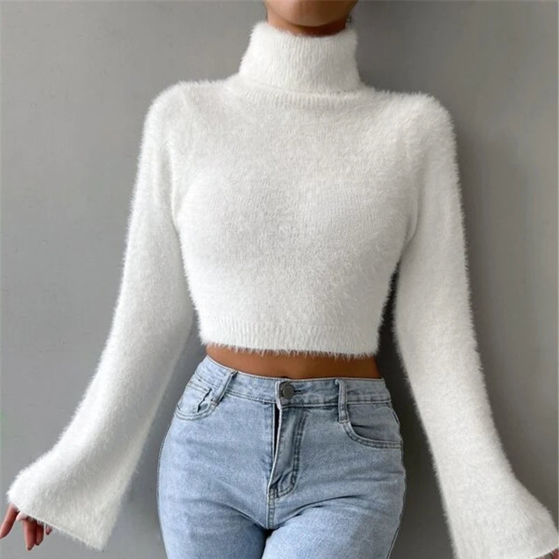 Women’s turtleneck cropped sweater with flared sleeves