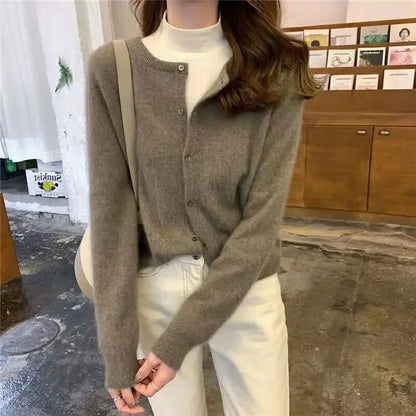 Women’s Cardigan Sweater – Soft Wool Blend – Relaxed Fit – Crew Neck – Button-Up Front