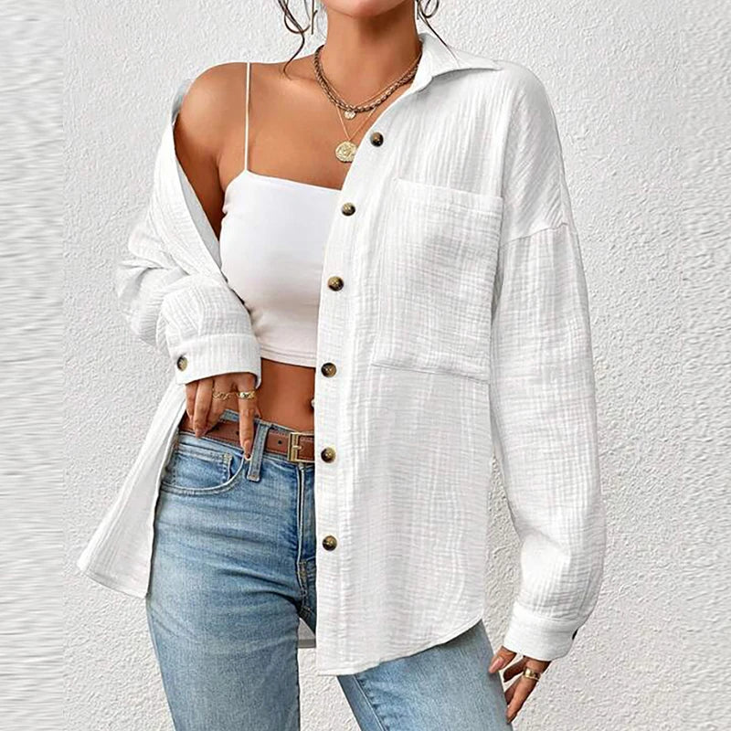 Women's Button-Up Shirt - Lightweight Crinkled Fabric - Relaxed Fit - Long Sleeve
