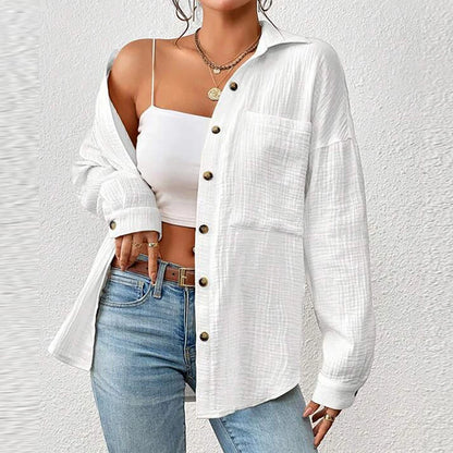 Women's Button-Up Shirt - Lightweight Crinkled Fabric - Relaxed Fit - Long Sleeve