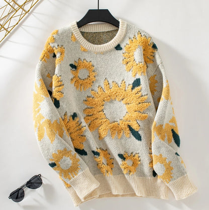Women's sunflower embroidered round neck long sleeve pullover sweater