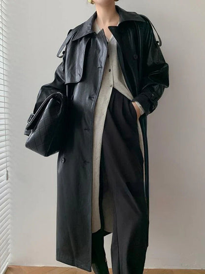 Women's Trench Coat - Faux Leather - Double-Breasted Long Fit - Wide Lapels Elegant Style