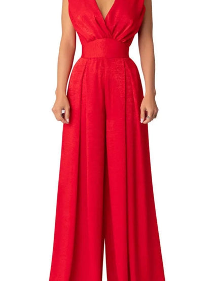Women's Jumpsuit - Sleeveless V-Neck Wrap - Wide-Leg Elegant Fit - Lightweight Fabric