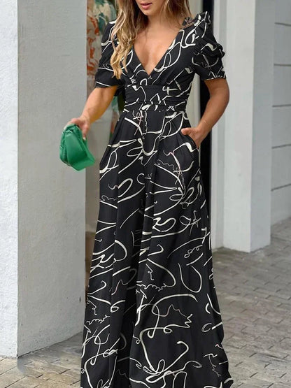 Women's Jumpsuit – V Neck Printed Wide Leg – Puff Sleeve Waist Detail