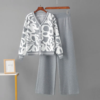 Women's spring/autumn leopard print knitted cardigan wide-leg pants two-piece set