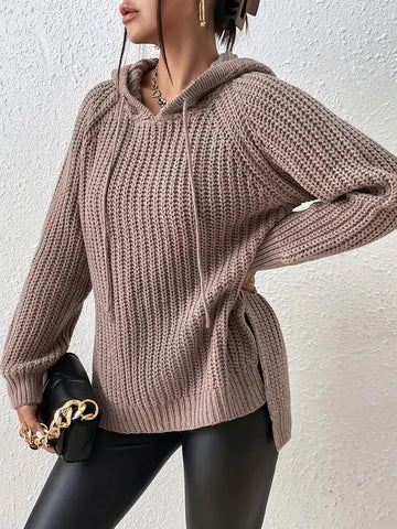Women's raglan sleeve split hem hooded sweater with drawstring