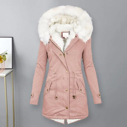Women's Parka Coat - Long Length - Faux Fur Hood - Warm Padded - Zip Closure