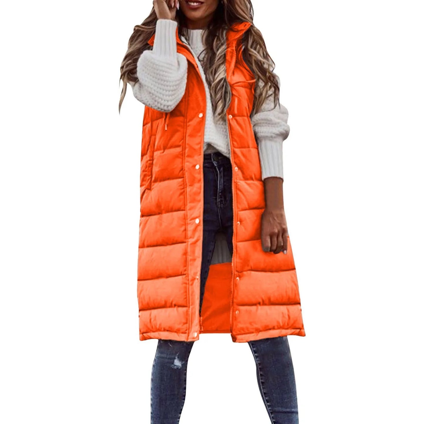 Women's long hooded vest down quilted sleeveless lightweight winter jacket