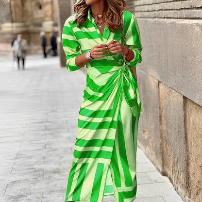 Women's Wrap Dress - Long Sleeve - Adjustable Fit - Striped Midi-Length Elegant Style