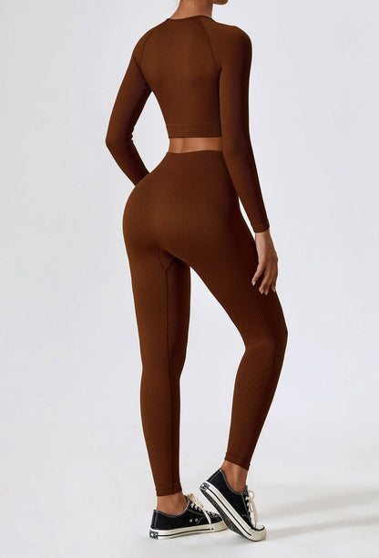 Women's Ribbed Knit Two-Piece Set - Long Sleeve Crop Top & High-Waisted Leggings