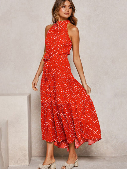Women’s Halter Midi Dress – Fit-and-Flare – Polka Dot – Waist Tie – Breathable Blend