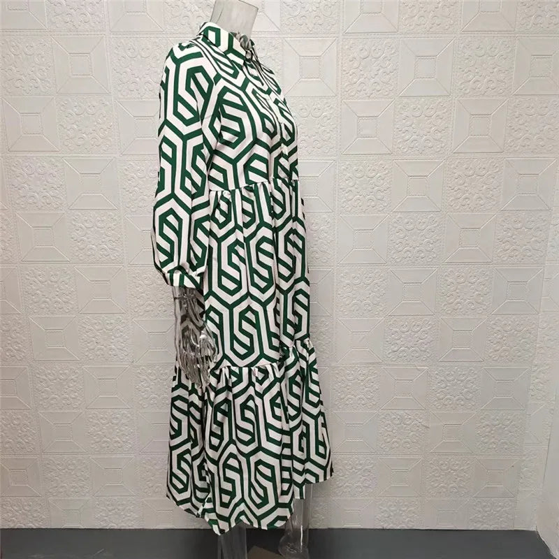 Women’s Long Sleeve Dress – Relaxed Fit – Tiered Silhouette – Geometric Print – Breathable Blend