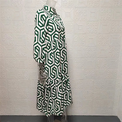 Women’s Long Sleeve Dress – Relaxed Fit – Tiered Silhouette – Geometric Print – Breathable Blend