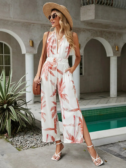 Women's Halter Jumpsuit - Wide Leg - Side Slits - Cinched Waist - Flowy Casual Wear