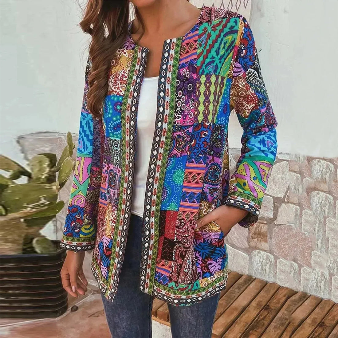 Women's bohemian cotton linen printed long sleeve cardigan