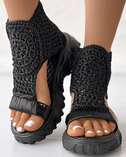 Women's Platform Sandals - Crochet Upper - High Ankle - Cushioned Rubber Sole