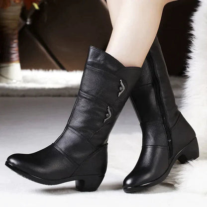 Women’s Mid-Calf Boots – Leather-Like Finish – Side Zip – Low Heel – Tapered Fit