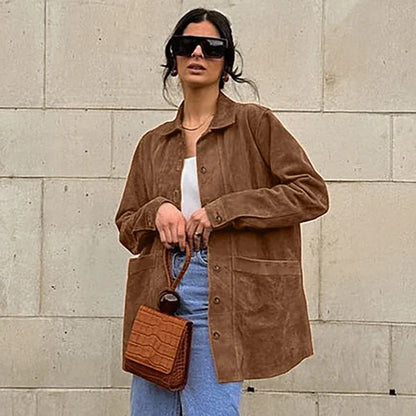 Women’s Oversized Shirt - Button-Up Relaxed Fit - Long Sleeve Suede Leather