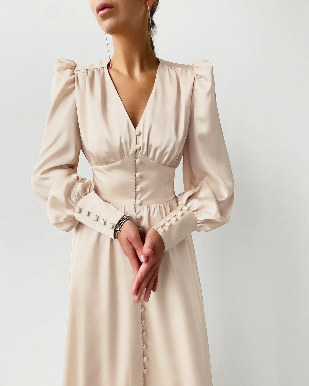 Satin Finish Puff Sleeve Midi Dress