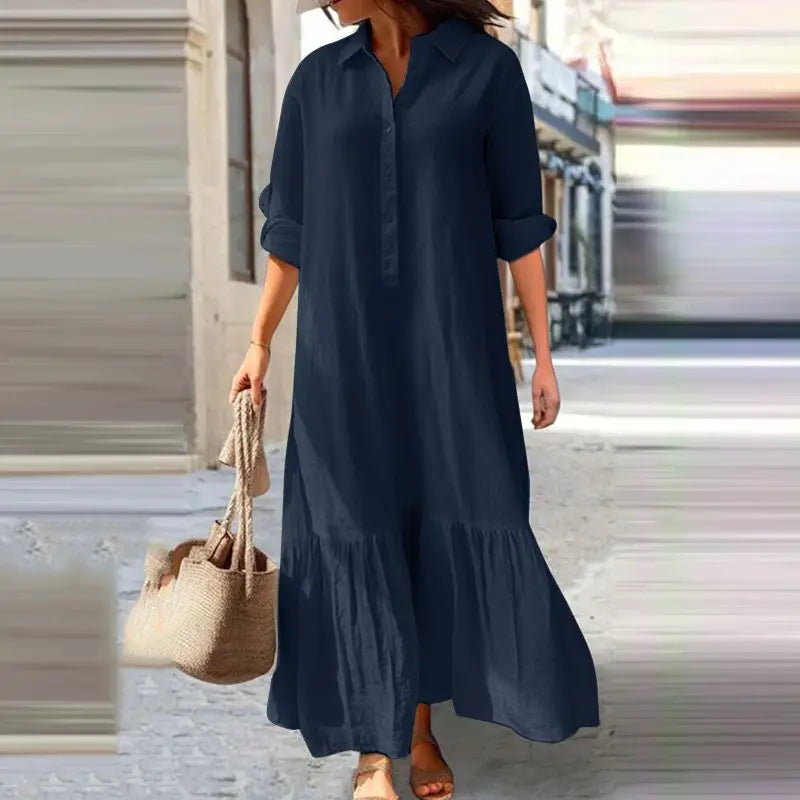 Women's Maxi Dress - Cotton Blend - Relaxed Fit - Tiered Hem - Long Sleeve Collared