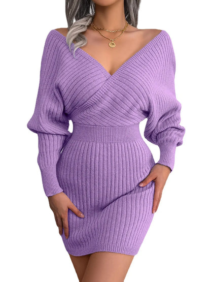 Women's Knitted Sweater Dress - Bodycon Fit - V-Neck - Ribbed Long Sleeve Mini Dress