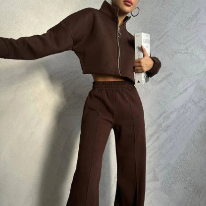Women's casual round neck zip sweatshirt pants suit set