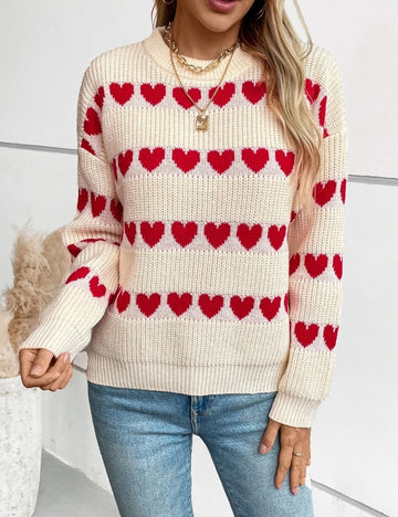 Women's jacquard love pattern crew neck pullover sweater