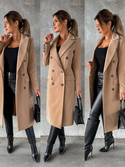 Women's long-sleeve double-breasted wool coat