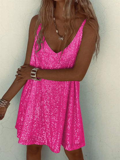 Women's Sequined Dress - Sleeveless V-Neck - Short Flared Party Wear