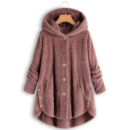 Women’s Fleece Jacket – Relaxed Fit – Hooded – Button Front – Long Back Hem – Pockets