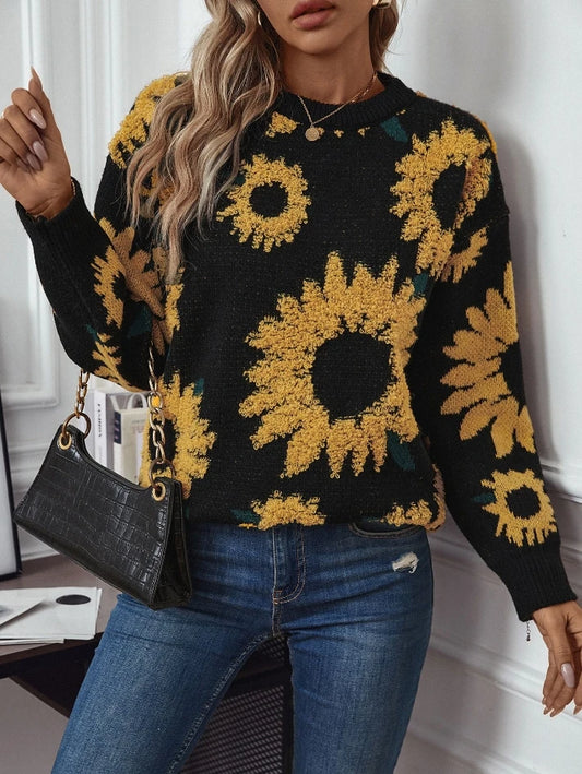 Embroidered Sunflower Round Neck Pullover Sweater
