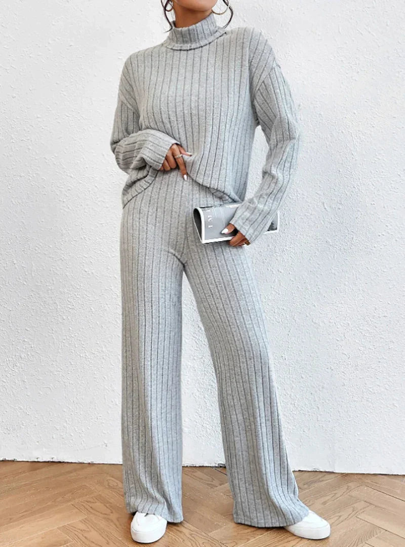 Women's solid color high collar long sleeve ribbed two-piece set