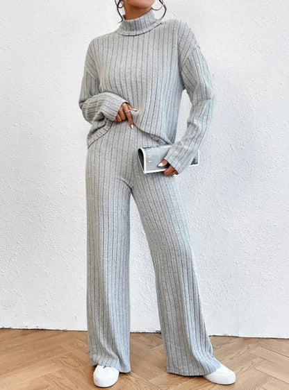 Women's solid color high collar long sleeve ribbed two-piece set