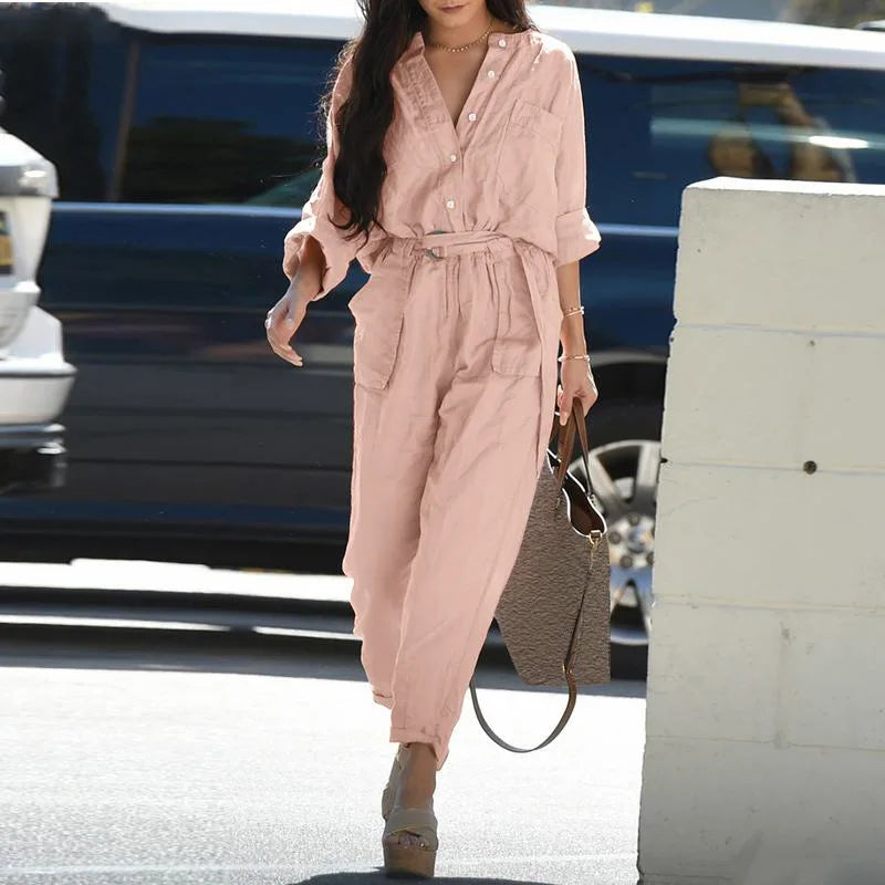 Women's Utility Jumpsuit - Cotton Blend - Long Sleeve - Belted Waist - Full Length