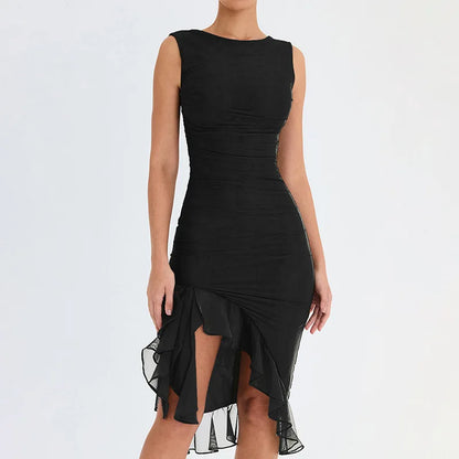 Women's Bodycon Midi Dress - Sleeveless Round Neck - Asymmetrical Ruffle Hem