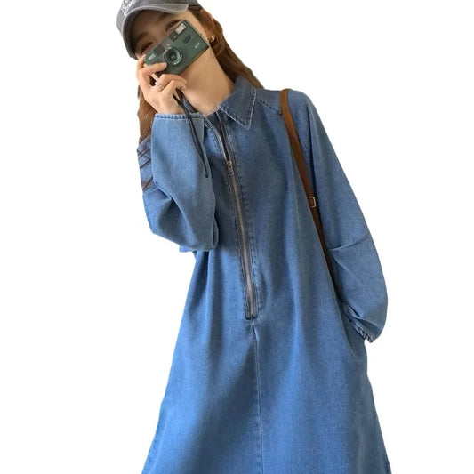 Retro Denim French Style Long Sleeve Dress