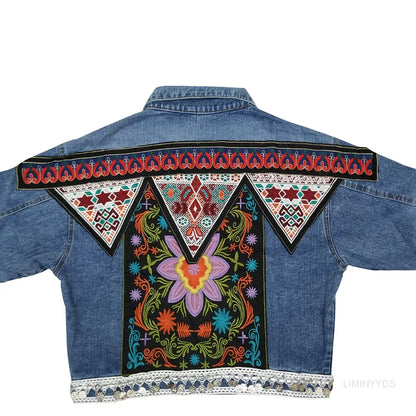 Women's bohemian embroidered denim jacket