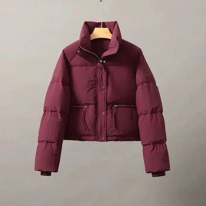 Women's winter puffy coat with stand collar