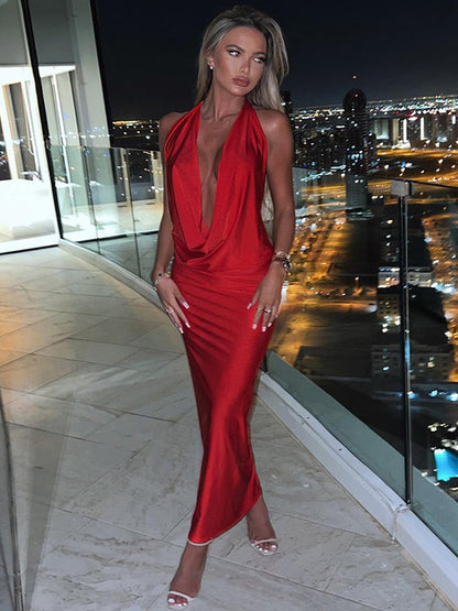 Women's Halter Neck Maxi Dress - Plunging V-Neck - Draped Bodice - Elegant Evening Gown