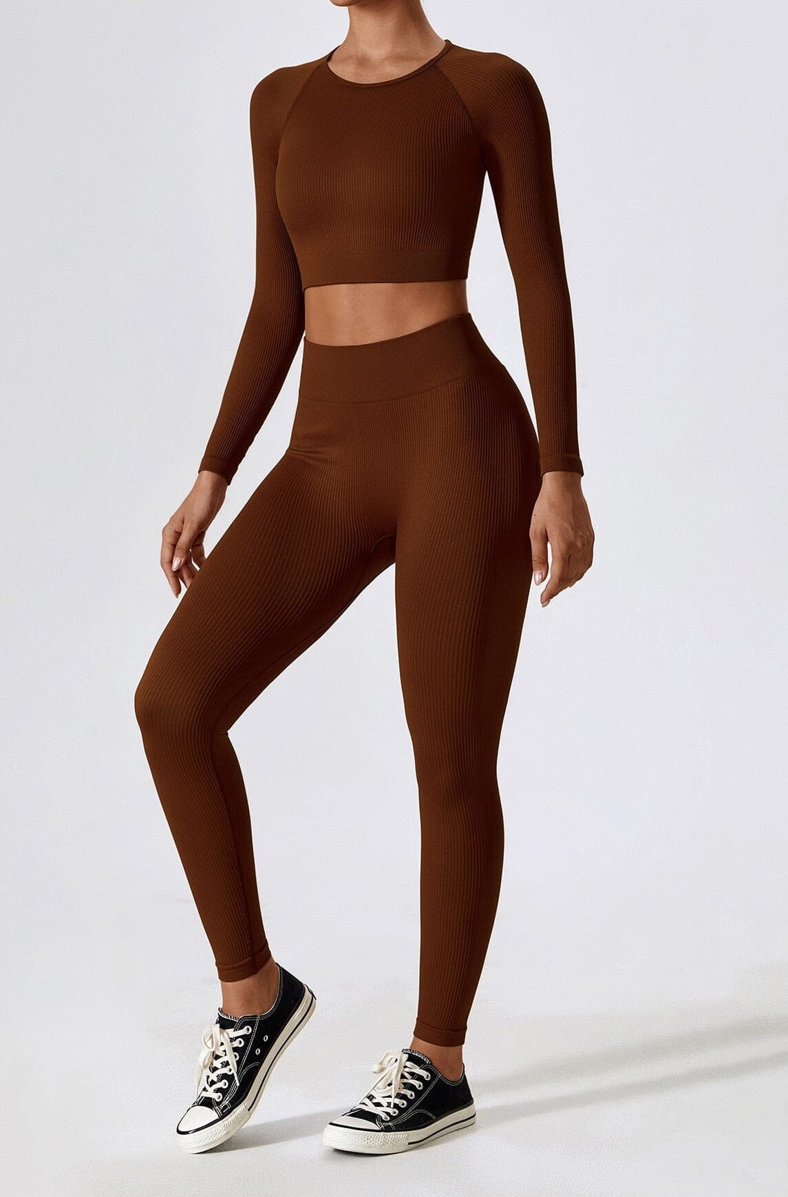 Women's Ribbed Knit Two-Piece Set - Long Sleeve Crop Top & High-Waisted Leggings
