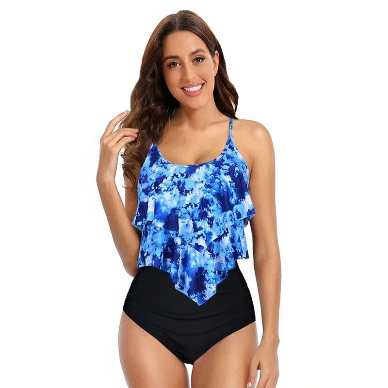 Women’s One-Piece Swimsuit – Ruffled Overlay – Ruched Midsection – High Rise Fit