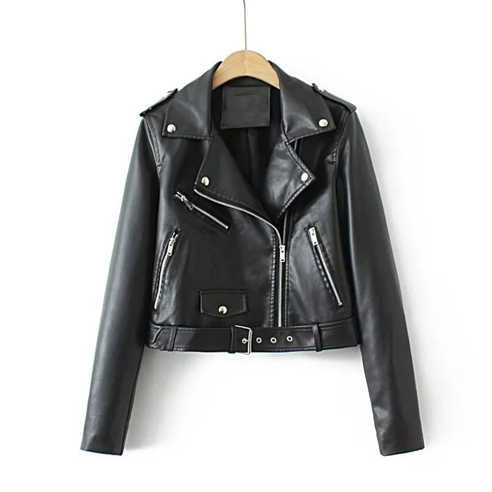 Women's zip-up belted PU leather moto jacket