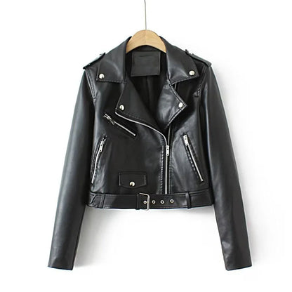 Women's zip-up belted PU leather moto jacket