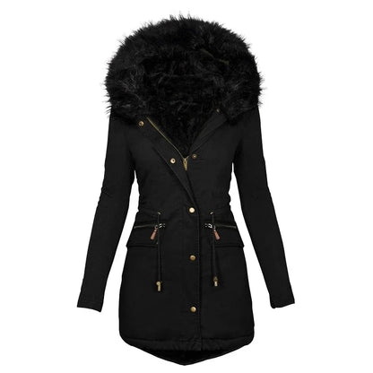 Women's fluffy hooded winter jacket with fur collar