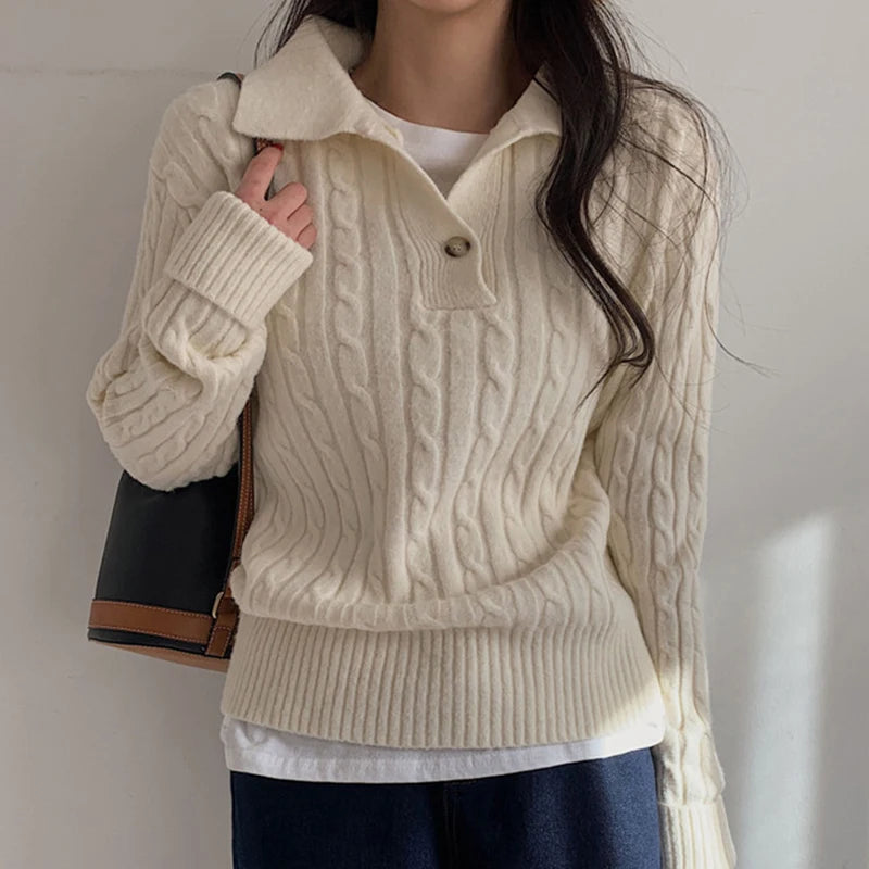 Women's Cable Knit Sweater - Soft Wool Blend - Collared with Button Placket