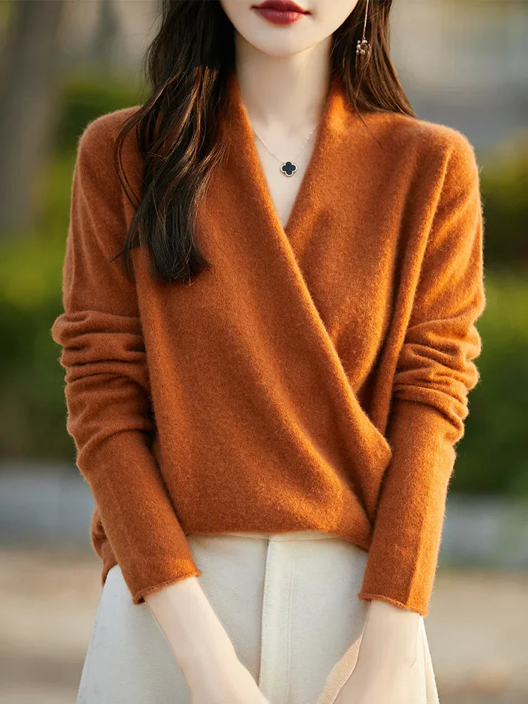 Wool Knit Relaxed Fit Wrap Pullover Sweater 