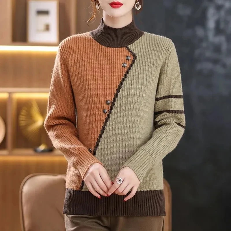 Women’s Knitted Sweater – Ribbed Turtleneck – Asymmetrical Button Design – Cozy Fit