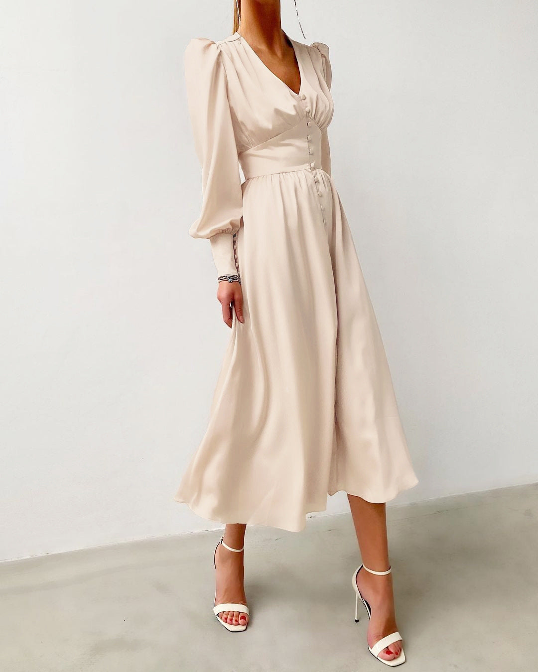 Women's Midi Dress - Satin Finish - Puff Sleeve V-Neck - Button Front A-Line