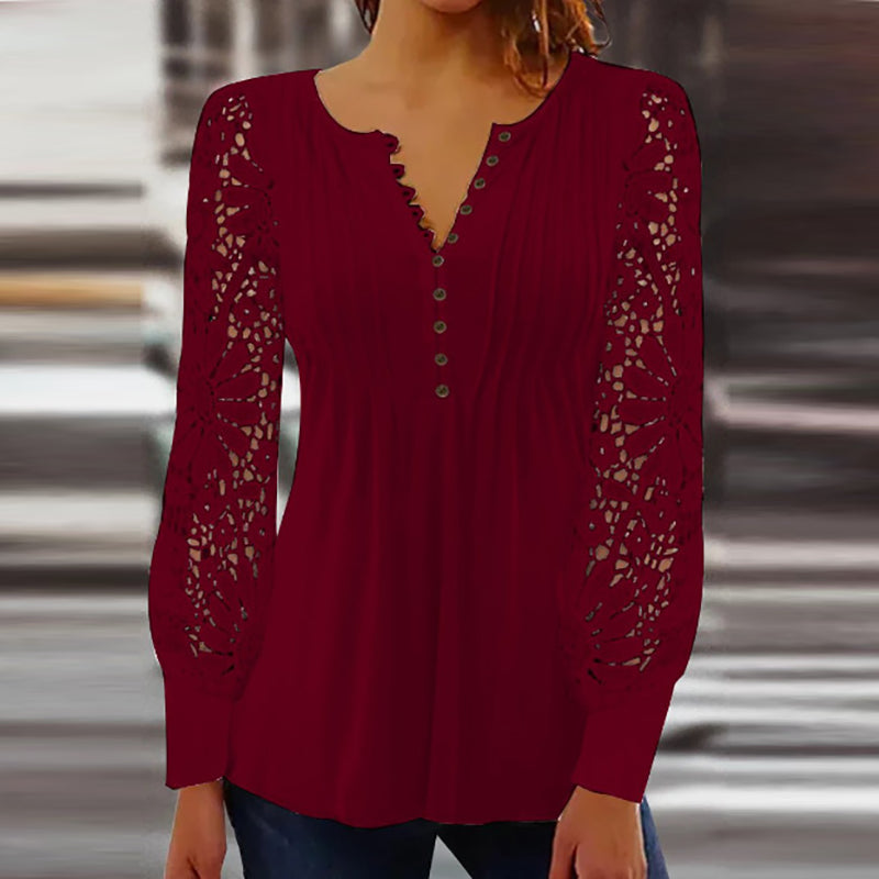 Women’s Blouse – Relaxed Fit – Lace Long Sleeves – Scalloped V-Neck – Soft Knit Fabric