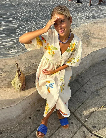 Women's Midi Dress - Loose Fit - V-Neck - Long Sleeve Lightweight Boho Style